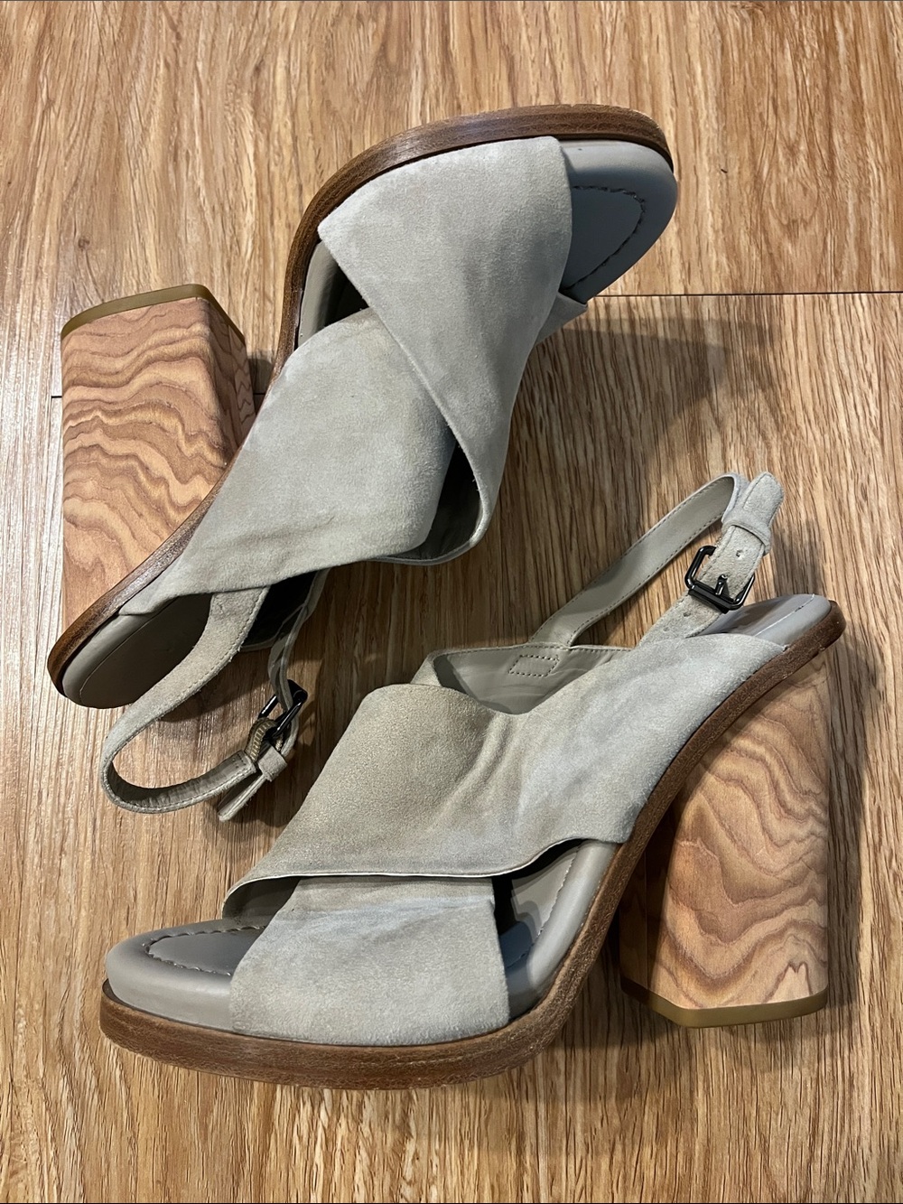 Vince Light Gray Suede Cross-Strap Slingback Heels
